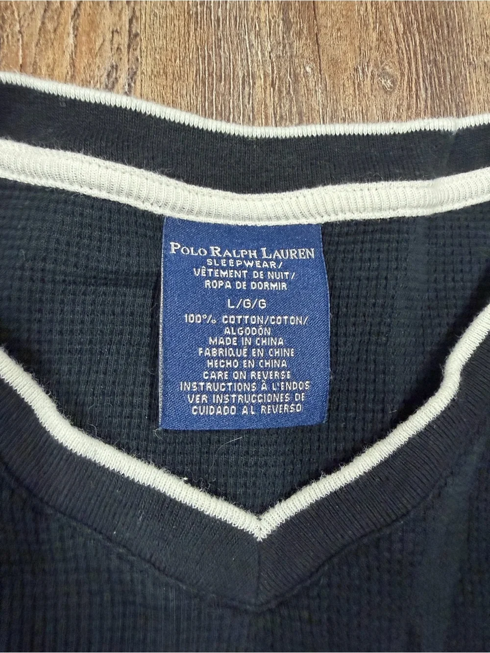 Polo Ralph Lauren black cotton thermal long sleeve shirt with white trim, size L